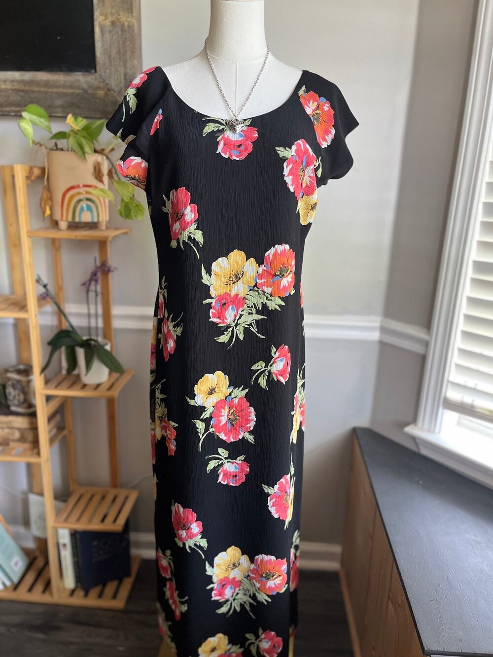 Vintage Y2K Floral Maxi Dress Black Pink Yellow Crinkle Gauze Size 10